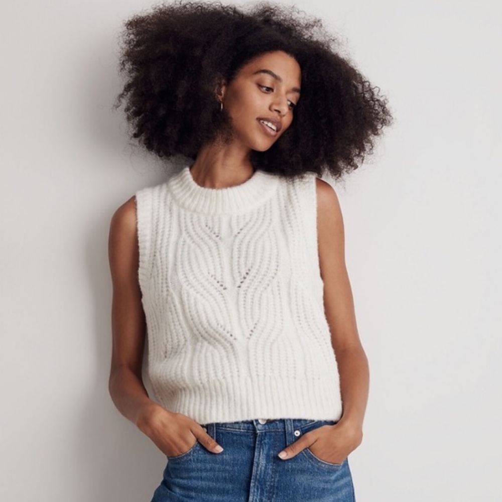 Madewell Pointelle Knowe Sweater Vest Wool Blend in Antique Cream Size XS